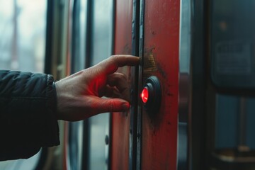 Aufkleber - Person pressing red button on train, suitable for transportation concept