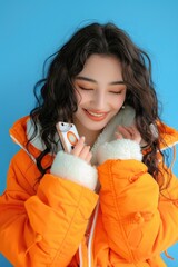 Poster - A woman in an orange jacket holding a cell phone. Ideal for technology or communication concepts