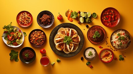A table full of food with a yellow background