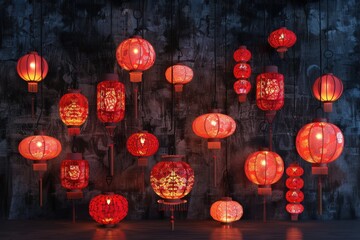 Poster - A bunch of red lanterns hanging from the ceiling. Perfect for adding a touch of oriental charm to any space