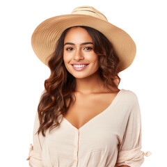 Wall Mural - A woman wearing a white dress and a sun hat, with a smile on her face, is posing for a photo. Her fedora hat adds a stylish touch to her outfit on transparent