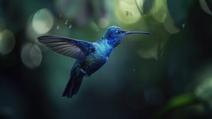 Aufkleber - A beautiful blue hummingbird flying through the air. Suitable for nature and wildlife themes