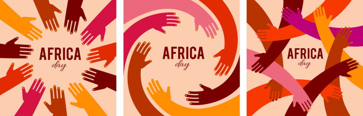 Colorful poster with circle of hands. Africa day, together, community concept design. Modern minimalist style illustration