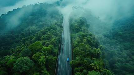 Poster - Aerial view of a road in the forest, great for nature and travel themes