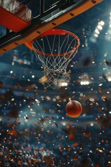 Poster - A basketball scoring through a hoop with confetti falling down. Suitable for sports events or celebrations