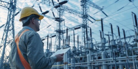 Poster - A man in a hard hat holding a piece of paper. Suitable for construction industry projects