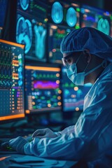 Aufkleber - A man in a medical gown using a computer. Ideal for medical and technology concepts