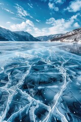 Aufkleber - Scenic view of frozen lake with majestic mountain backdrop. Ideal for nature and winter themed projects