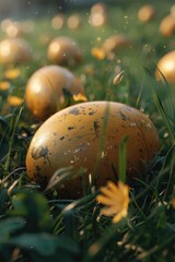Poster - Yellow eggs on a lush green field, perfect for Easter designs