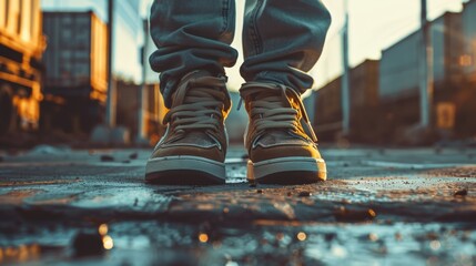 Poster - Person standing on a wet street, suitable for urban lifestyle themes