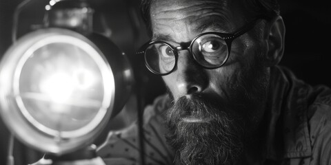 Poster - A man holding a light source in a black and white photo. Suitable for various projects