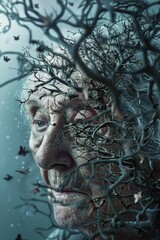 Aufkleber - An old man surrounded by branches and birds. Suitable for nature and wildlife concepts
