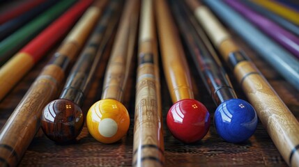 Poster - Colorful balls displayed on a wooden table, suitable for various occasions