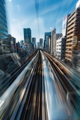 Poster - Blurry train passing through urban cityscape, suitable for transportation concepts