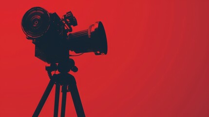 Poster - A camera on a tripod against a vibrant red background. Ideal for photography and technology concepts