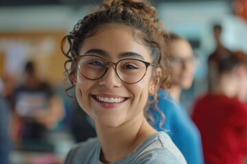 Aufkleber - A woman with glasses smiling at the camera. Suitable for various uses