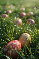 Poster - Fresh eggs on vibrant green grass, perfect for food or nature concepts