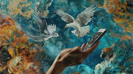 Poster - A person holding a cell phone in front of a painting. Suitable for technology and art concepts