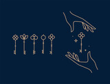 Fototapeta  - Key collection composition with hands drawing in linear style on blue background