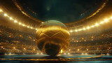 Fototapeta Sport - a golden soccer ball suspended in the center of a vast, illuminated stadium