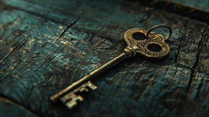 Poster - Key placed on wooden surface, suitable for locksmith or security concept