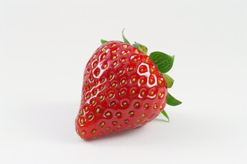 Sticker - A fresh single strawberry with green leaves on a white background. Suitable for food and healthy eating concepts