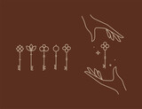Fototapeta  - Key collection composition with hands drawing in linear style on brown background
