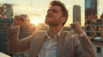 Poster - A man in a suit raising his fists. Suitable for business concepts