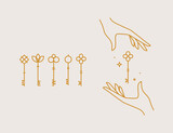 Fototapeta  - Key collection composition with hands drawing in linear style on light background