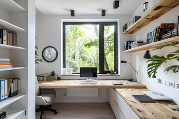 Wall Mural - A modern home office with a minimalist desk, chair and floating shelves made of light wood against white walls, a large window showing greenery outside with clean lines and natural lighting.