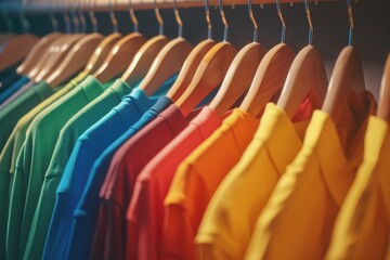 Poster - Row of colorful shirts on a rack. Ideal for fashion and retail concepts