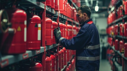 Wall Mural - A man in a blue jacket examining red fire extinguishers. Ideal for safety and emergency concept visuals