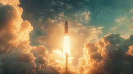 Poster - A space shuttle launching into the sky. Suitable for science and technology concepts