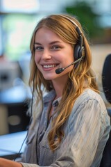 Aufkleber - A woman sitting at a desk with a headset, working on a computer. Suitable for business or customer service concepts