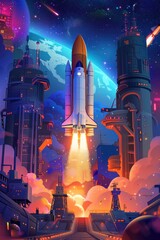 Poster - A space shuttle taking off into the sky. Ideal for space exploration concepts.