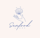 Fototapeta  - Hand with seashell and lettering seafood store drawing in linear style on beige background