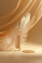 Poster - A bottle of liquid and a feather on a table, suitable for various concepts
