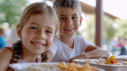 Canvas Print - Children enjoying a meal together, perfect for family or food-related concepts