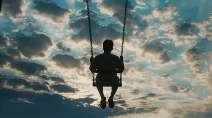 Aufkleber - A person enjoying a peaceful moment on a swing high up in the sky. Perfect for concepts of freedom and relaxation