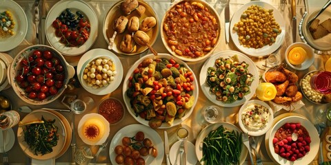 Aufkleber - Assorted food items displayed on a table, perfect for food blogs or restaurant menus