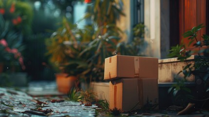 Poster - Couple of boxes sitting on top of a sidewalk. Suitable for urban and delivery concepts