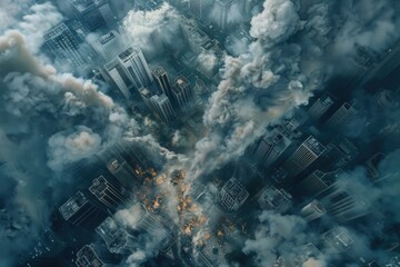 Wall Mural - Aerial view of a city with heavy smoke emissions. Suitable for environmental or industrial themes