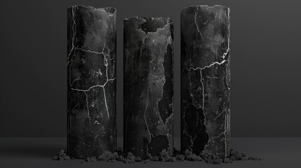 Poster - Three pieces of black marble on a gray surface. Suitable for interior design projects