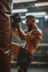 Poster - A man in a boxing stance with a punching bag. Suitable for fitness and sports concepts
