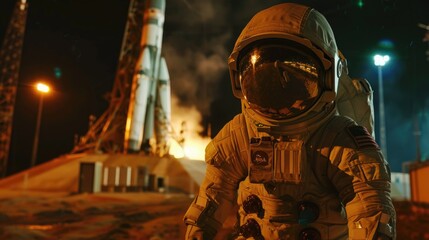 Poster - Astronaut in space suit standing in front of rocket, suitable for science and technology concepts