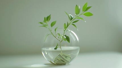 Poster - A glass vase filled with money and a plant. Suitable for finance and investment concepts