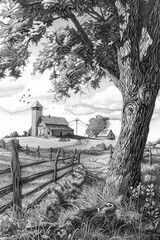 Poster - Black and white drawing of a rural landscape, suitable for various design projects