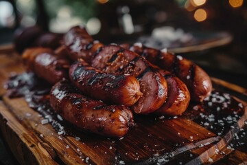 Poster - Fresh sausages displayed on a wooden cutting board, perfect for food concept designs