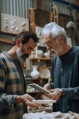 Aufkleber - Two men looking at a tablet in workshop. Suitable for technology or teamwork concepts
