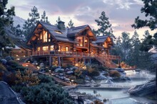 A Large Log House On Top Of A Lush Green Hillside. Suitable For Real Estate Or Nature Concepts